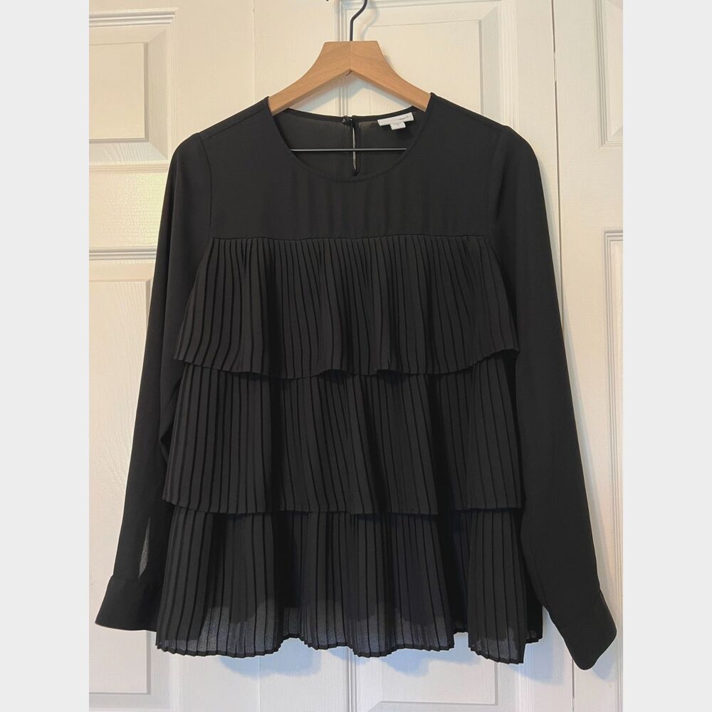 J Jill Women's Black Tiered Pleated Long Sleeve Blouse Top Polyester Size S